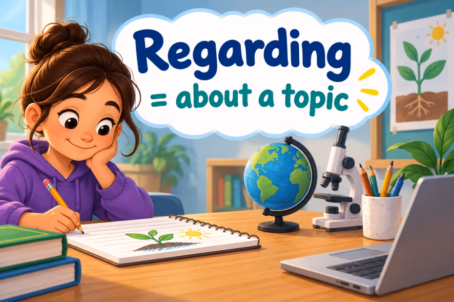 Cartoon student writes an email; lettering says “Regarding equals about a topic.”