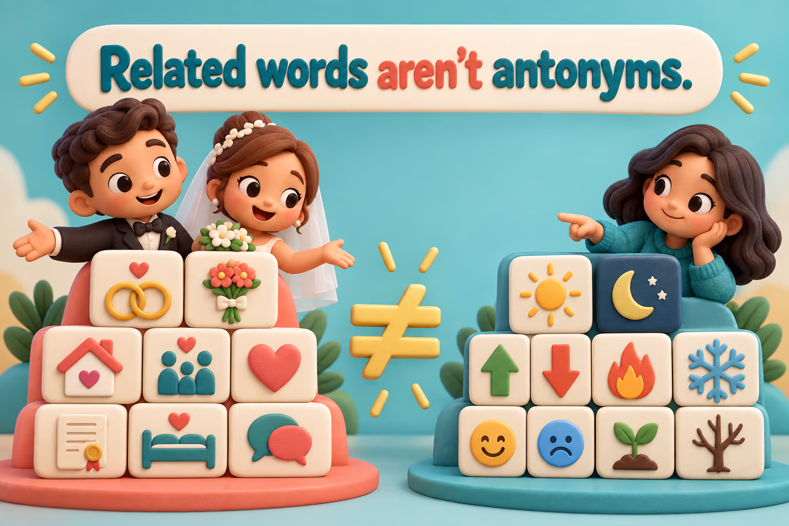 Related words aren’t antonyms. A playful word map separates marriage-related terms from opposites.