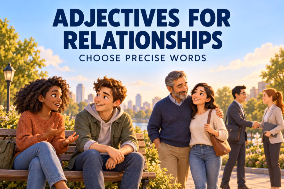 Three friendly cartoon scenes show family, friendship, and cordial coworkers beneath the words Adjectives for Relationships