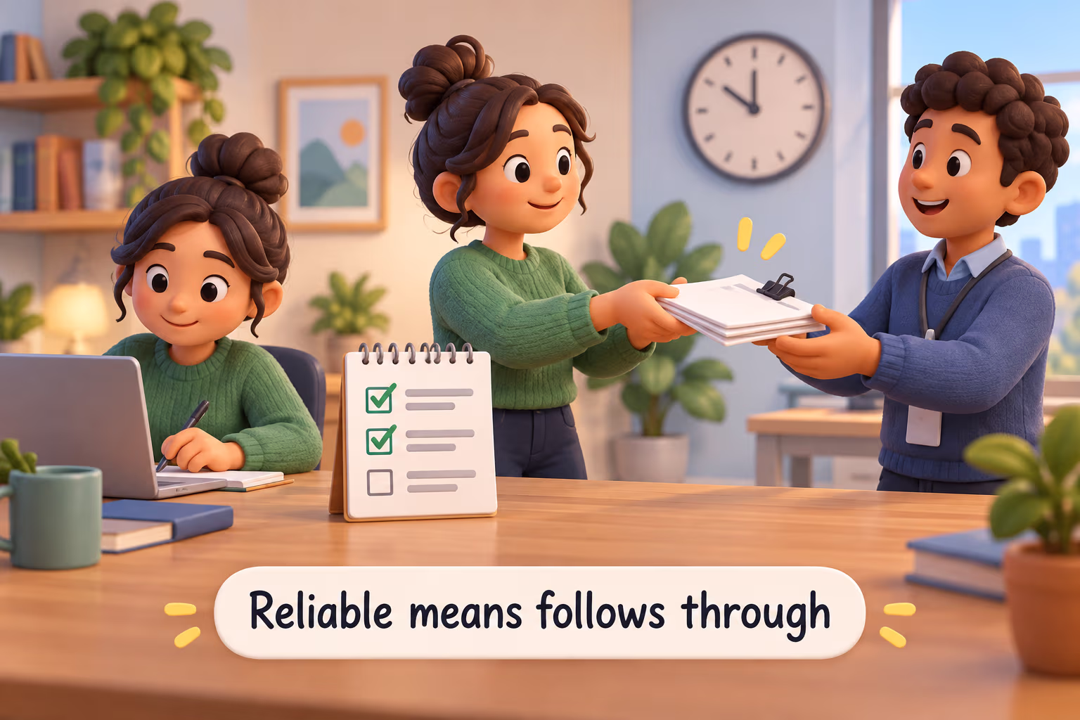 A colleague completes and hands off an assigned task. Label: Reliable means follows through.