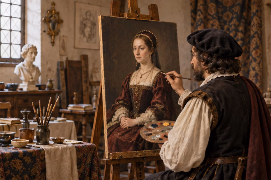 A fully clothed artist painting a portrait in a Renaissance-era workshop.