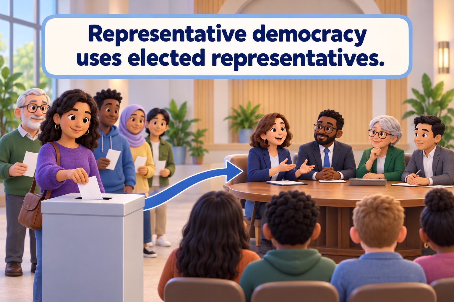 A 3D cartoon civic scene shows voters choosing representatives who meet at a table. Image text: Representative democracy uses elected representatives.