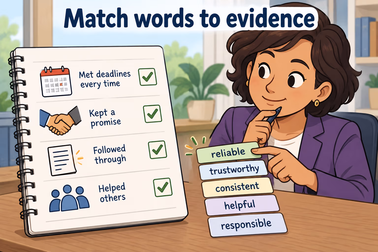 A reviewer matches an adjective to a record of concrete actions