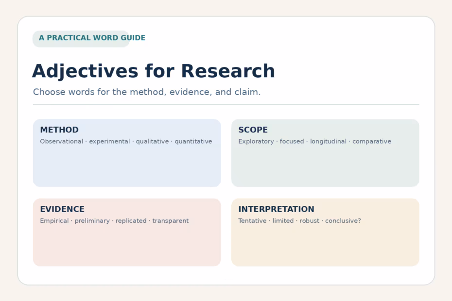 Infographic showing method, scope, evidence, and interpretation as four lenses for choosing adjectives for research