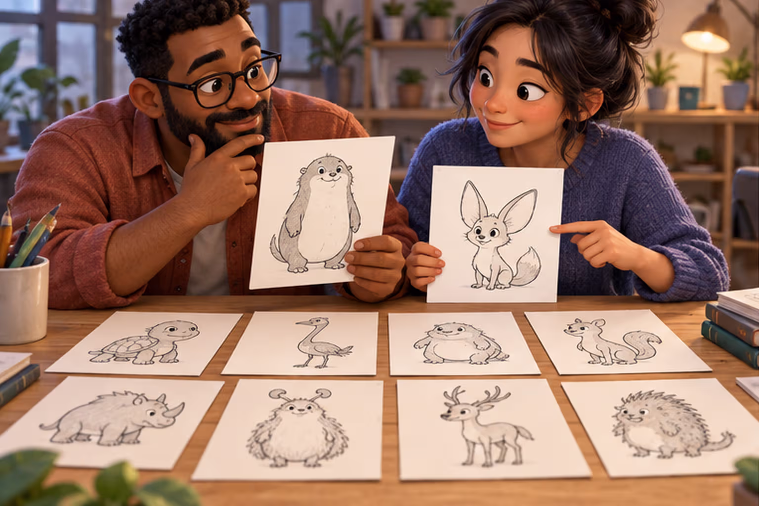 An editor and illustrator compare original character sketches and profile cards.