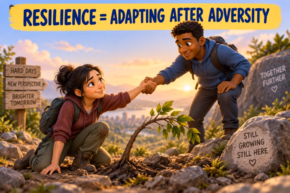 A playful 3D illustration shows a student accepting a friend’s help beneath the label “RESILIENCE = ADAPTING AFTER ADVERSITY.”
