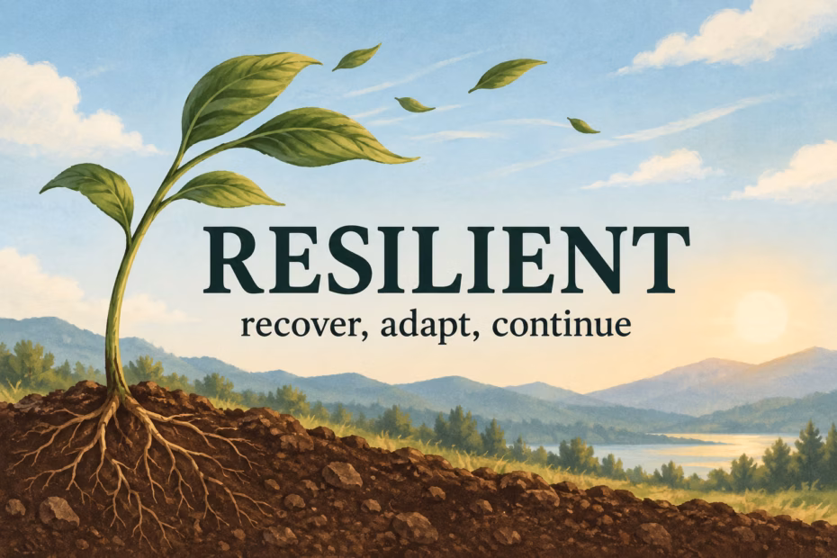 Illustration of a resilient plant bending in wind and standing upright with the teaching text “recover, adapt, continue.”