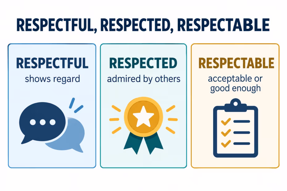 A three-column comparison defines respectful as showing regard, respected as admired by others, and respectable as socially acceptable or good enough in quality.