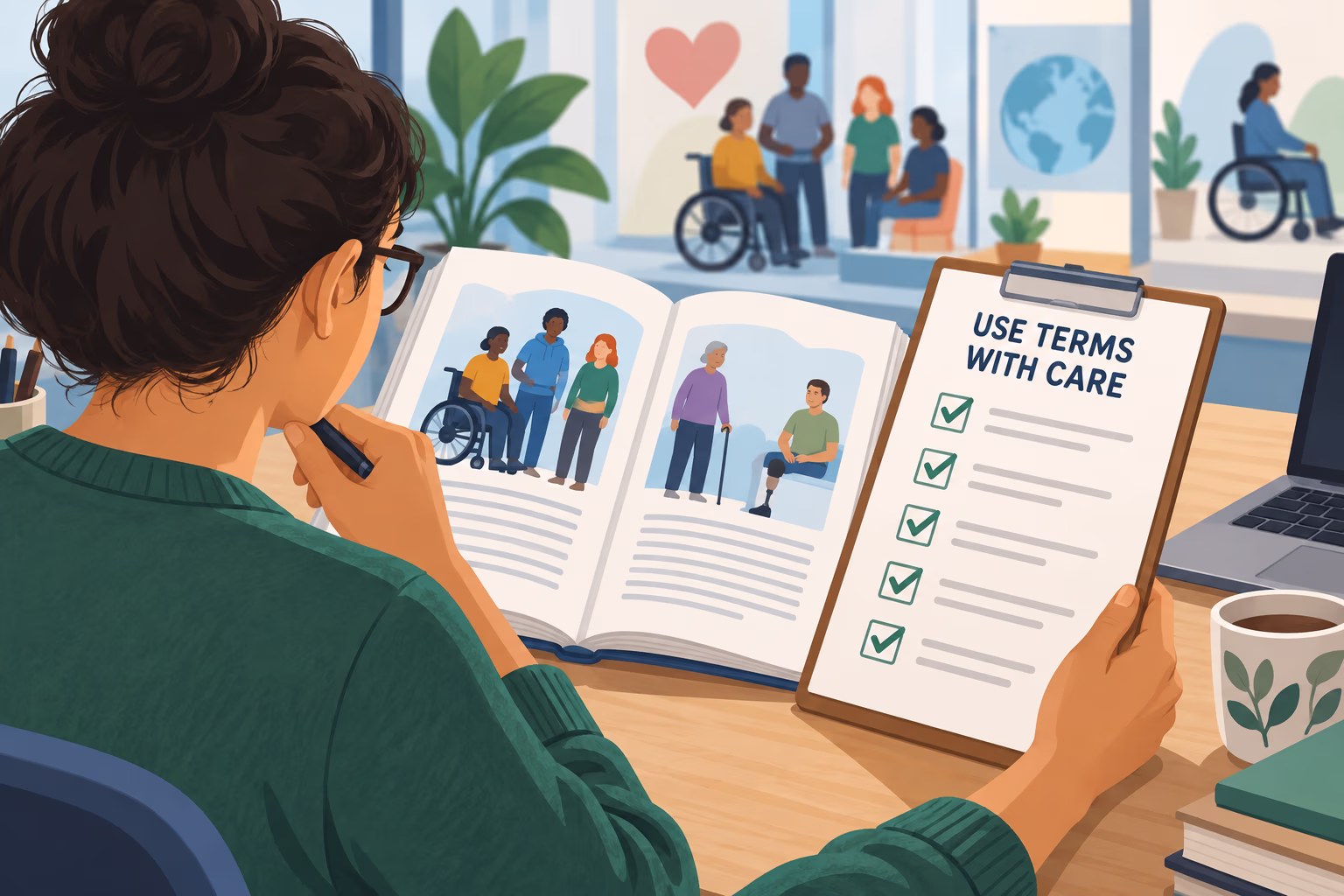 An editor consults a respectful language guide and checklist.