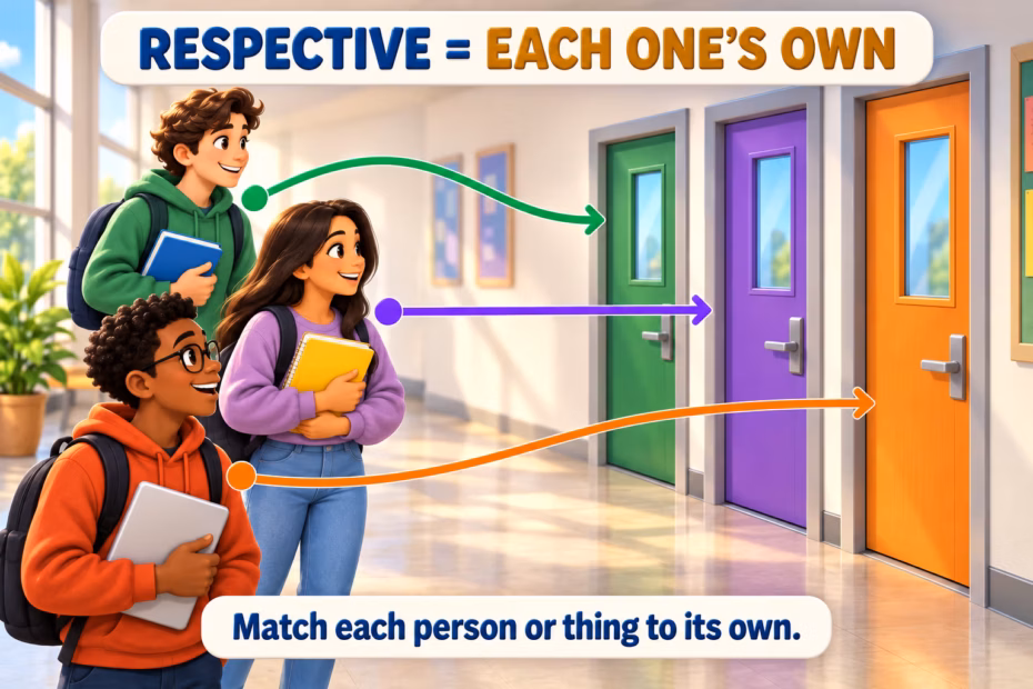 Three students match to separate classroom doors with individual arrows. The sign reads “RESPECTIVE = EACH ONE’S OWN.”