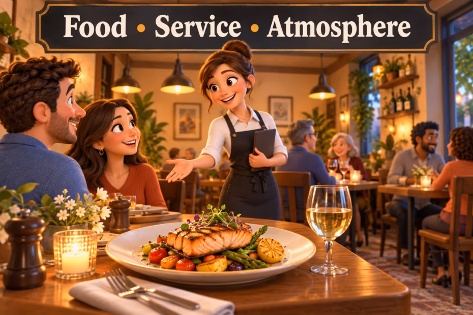 A lively restaurant dining room with guests, a server, warm lights, and a plated meal. Text: “Food • Service • Atmosphere.”