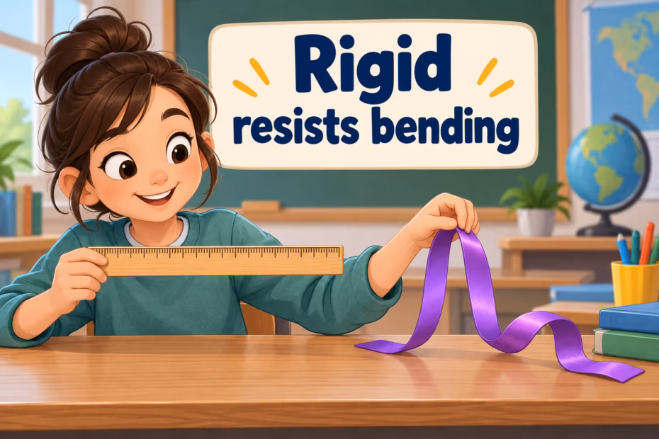 A student compares a straight ruler with a flexible ribbon, illustrating the physical meaning of rigid.