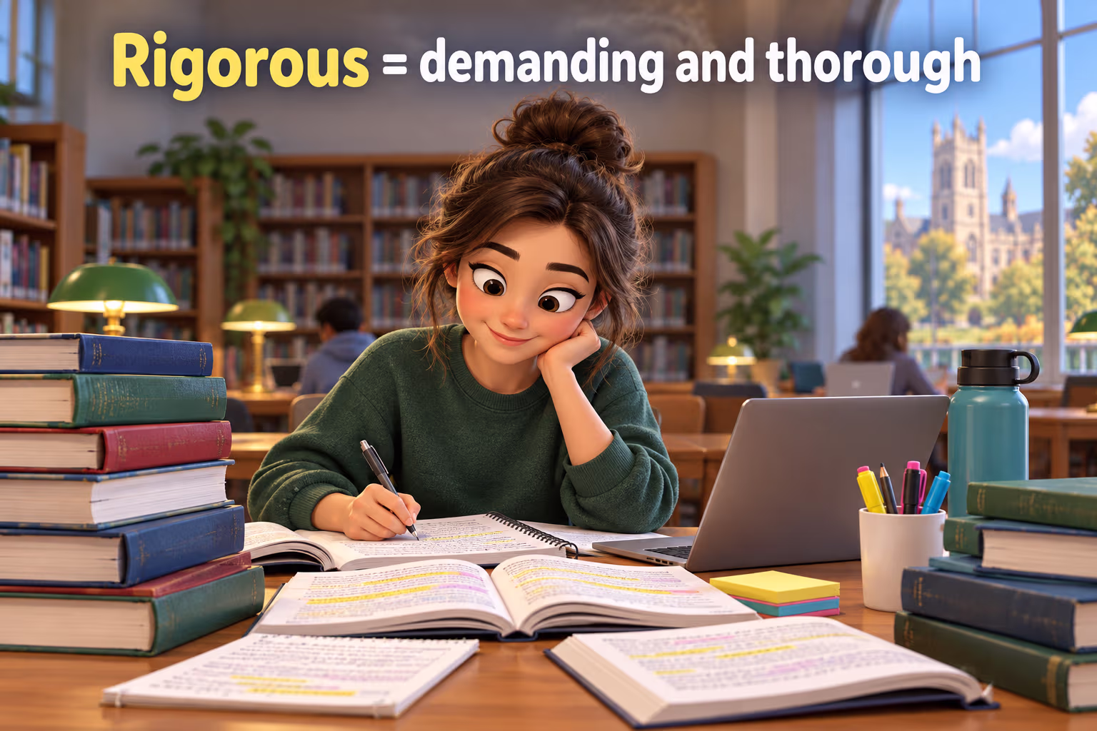 A student studies at a library table with books and notes. Text: “Rigorous = demanding and thorough.”