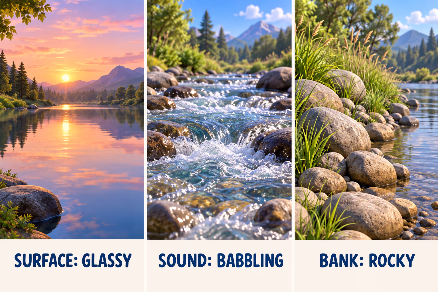 Three 3D cartoon river scenes show a glassy surface at dawn, a babbling current, and a rocky bank, each labeled with the matching feature.