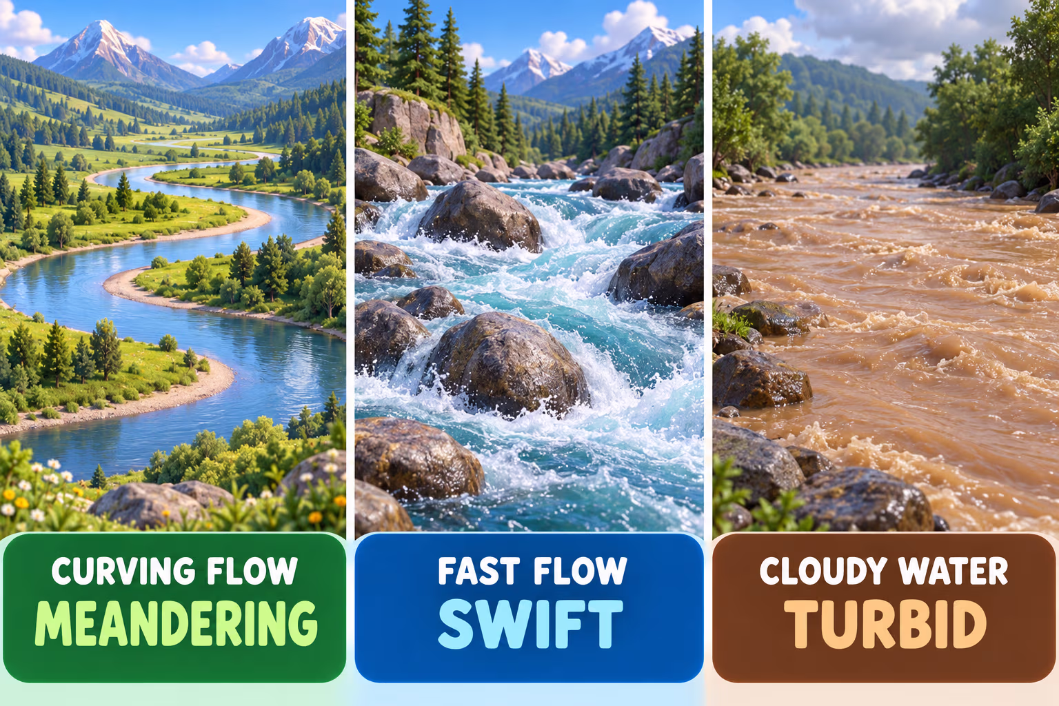 Three 3D cartoon river scenes label a curving channel MEANDERING, fast water SWIFT, and cloudy sediment-filled water TURBID.