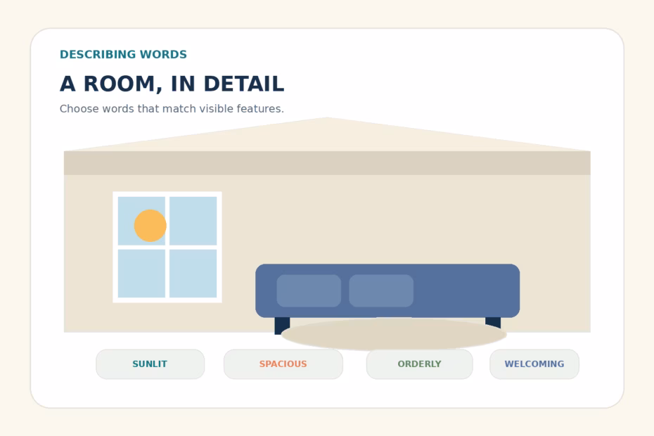 Illustrated room with labels for light, size, layout, and mood adjectives