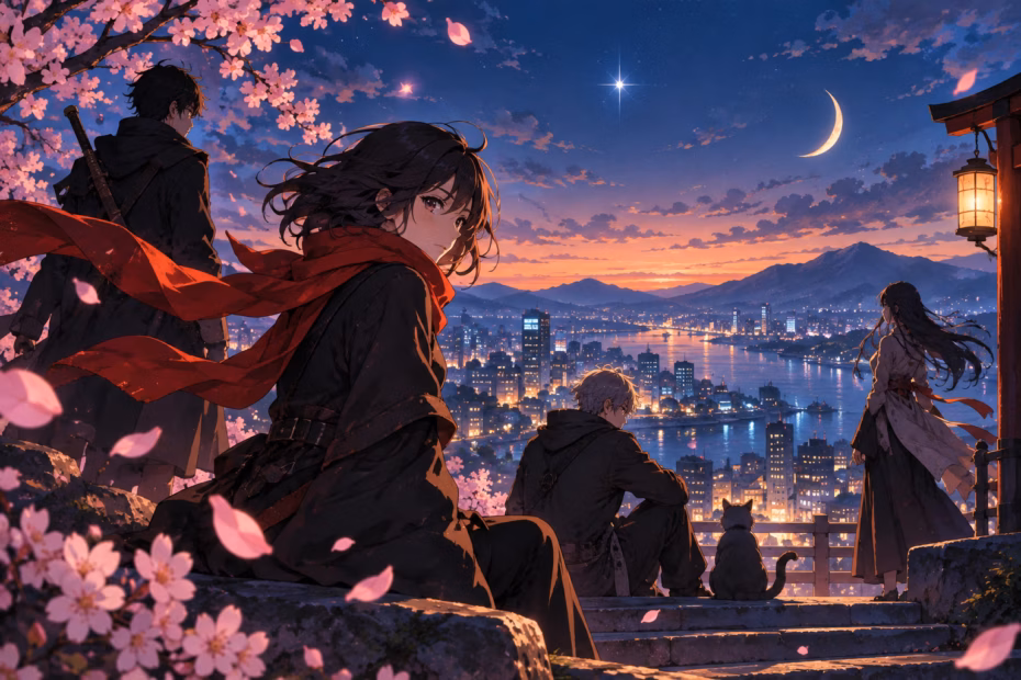 Original anime-inspired twilight scene with cherry blossoms, a crescent moon, and a starry city skyline