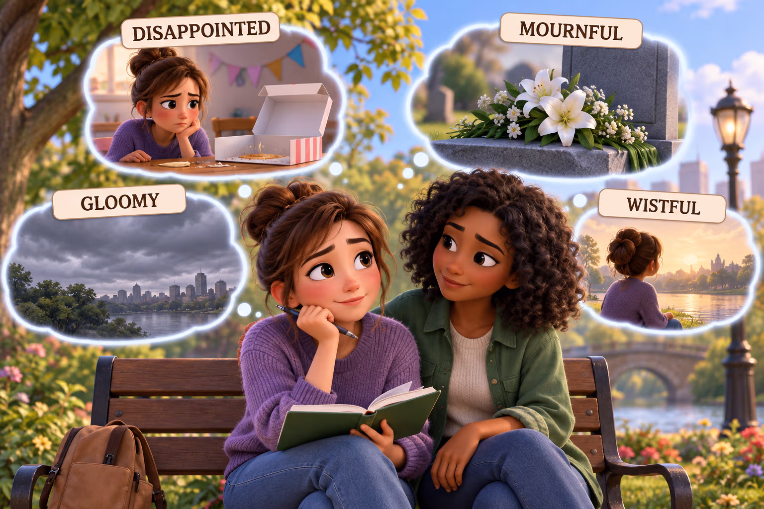 Three-dimensional illustrated examples of disappointed, sad, and heartbroken feelings
