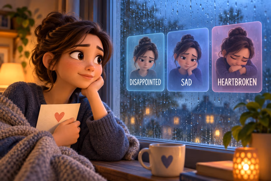 Illustrated word cards show disappointed, sad, and heartbroken feelings.