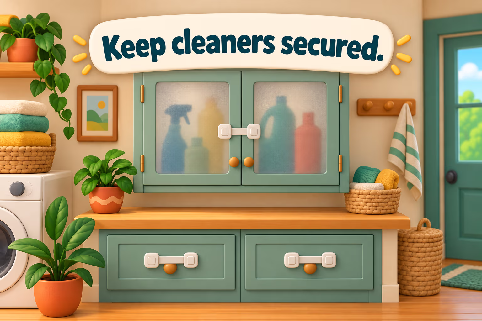 Cartoon latched storage cabinet with the banner ‘Keep cleaners secured.’