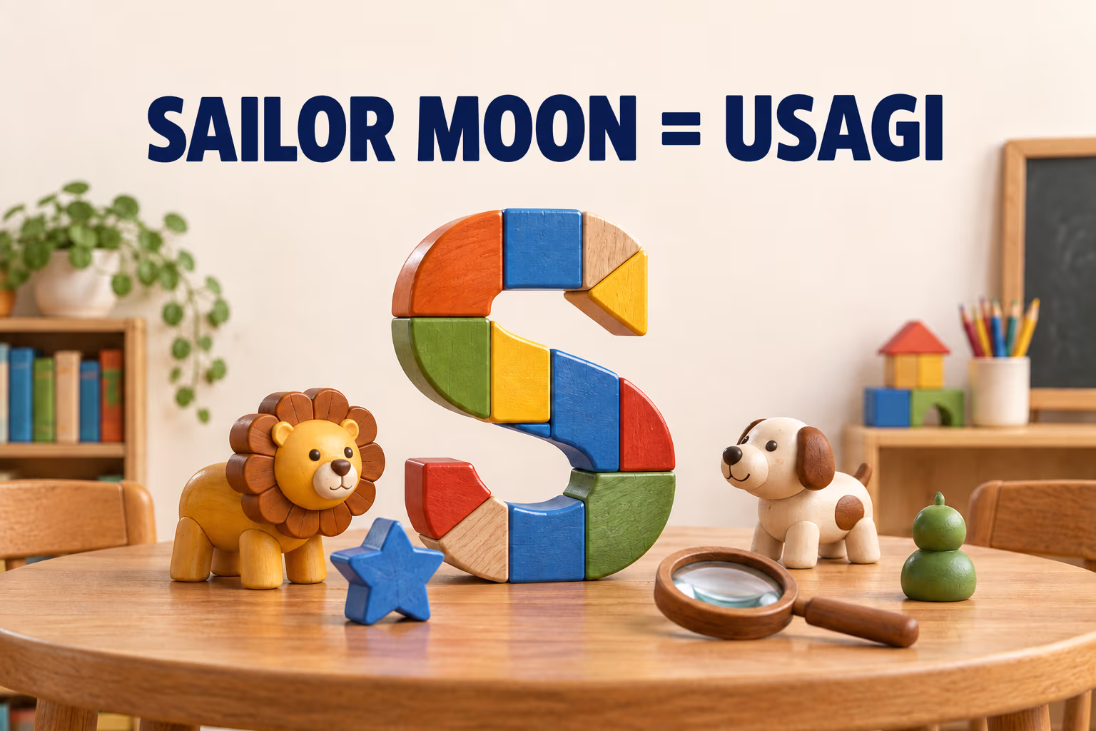 A playful 3D letter S classroom illustration labeled Sailor Moon equals Usagi.