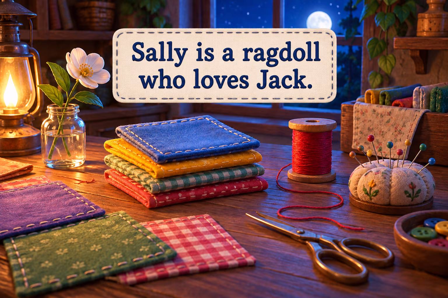 Moonlit sewing table with stitched fabric, thread, and the teaching label about Sally and Jack.