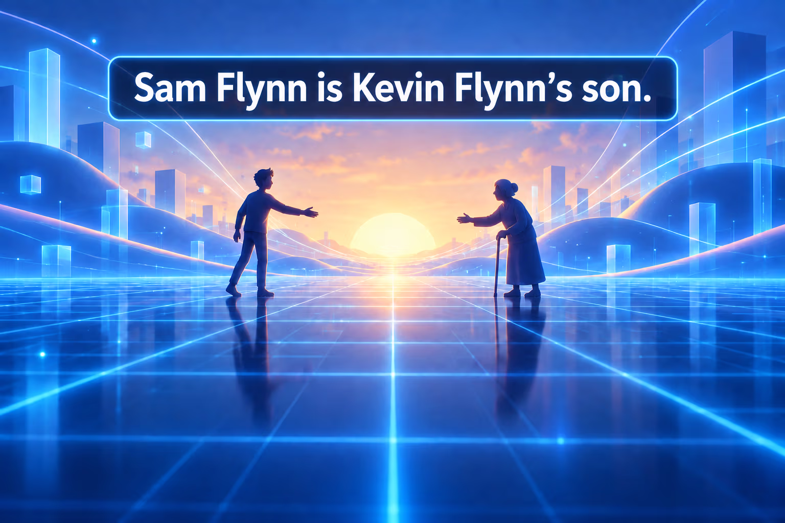 Two abstract silhouettes on a luminous blue digital grid with a label about Sam Flynn’s father.