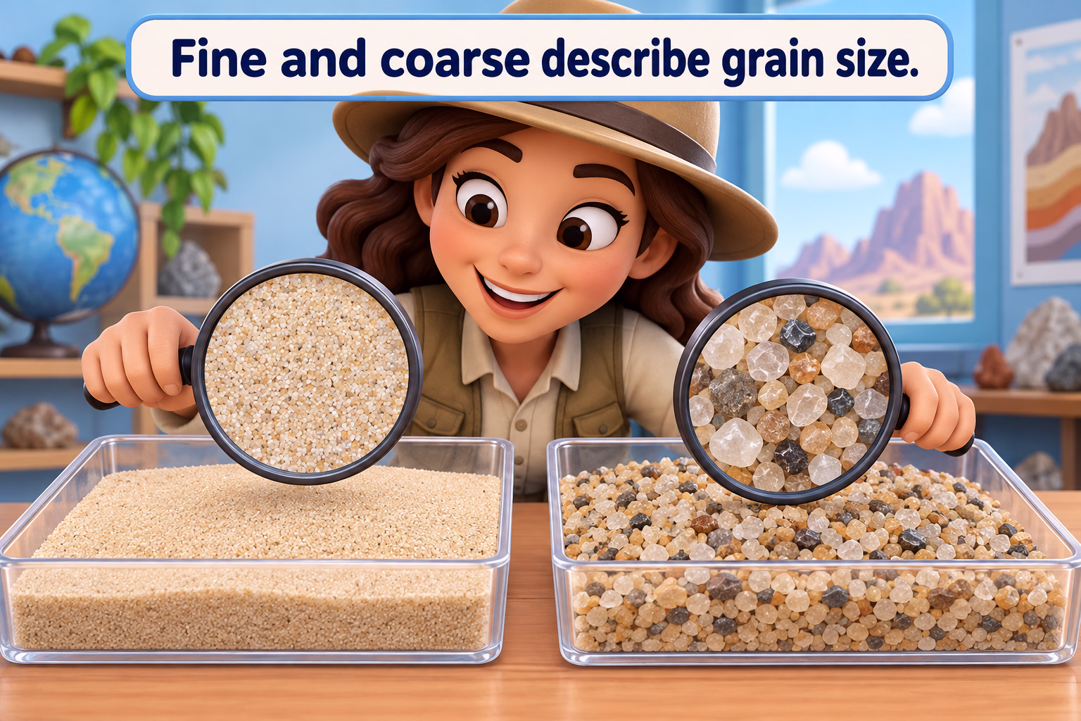 A cartoon geologist compares a tray of fine grains with a tray of larger coarse grains.