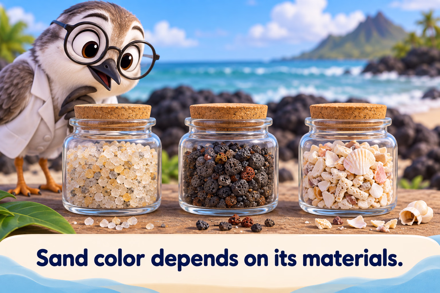 A cartoon shorebird compares pale quartz-rich grains, dark volcanic grains, and shell fragments.