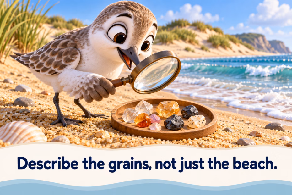 A cartoon shorebird examines different colored sand grains beside a beach.