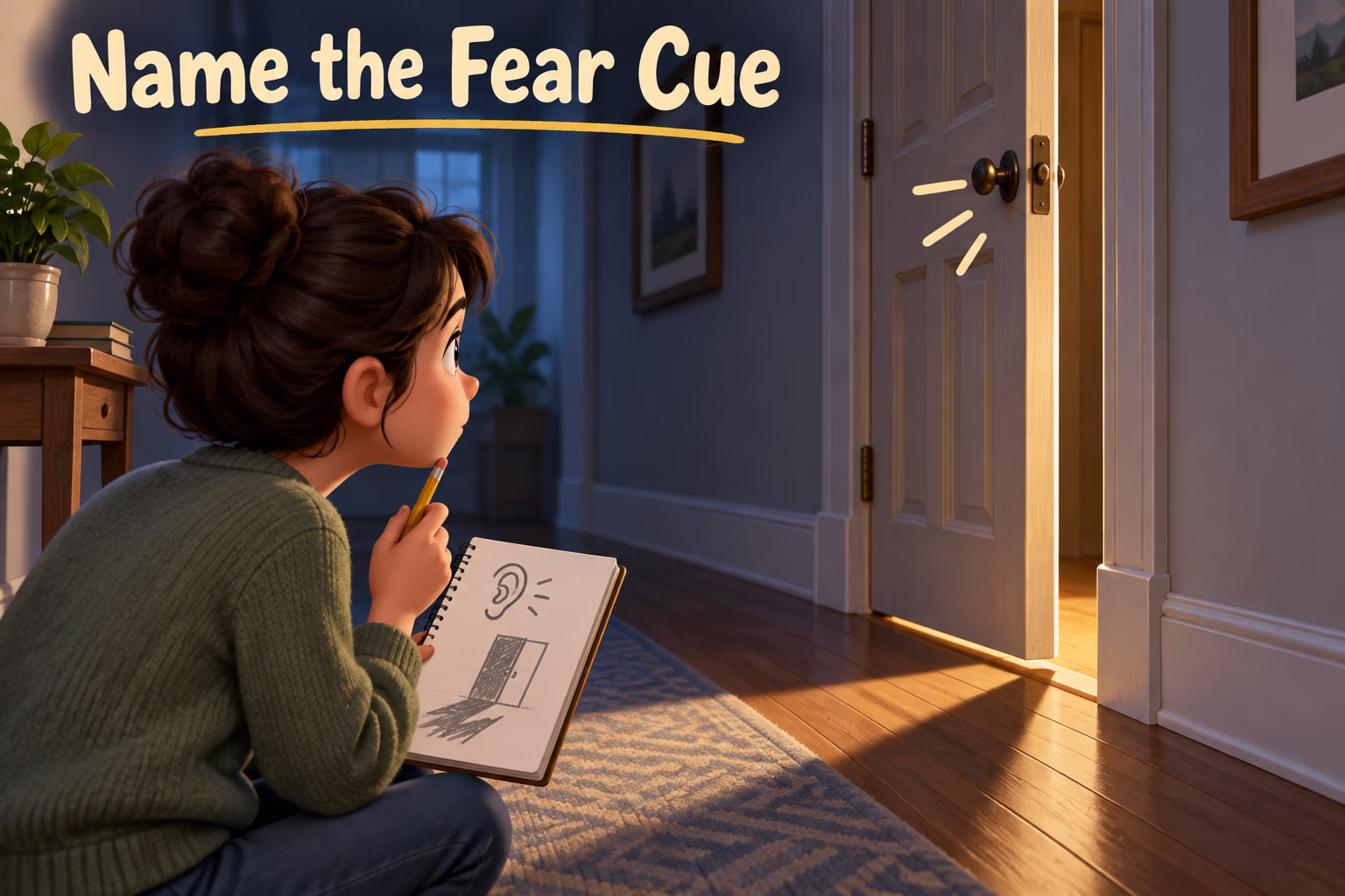A writer notes the sound and shadow from a creaking door, demonstrating how specific cues make a fear description precise.