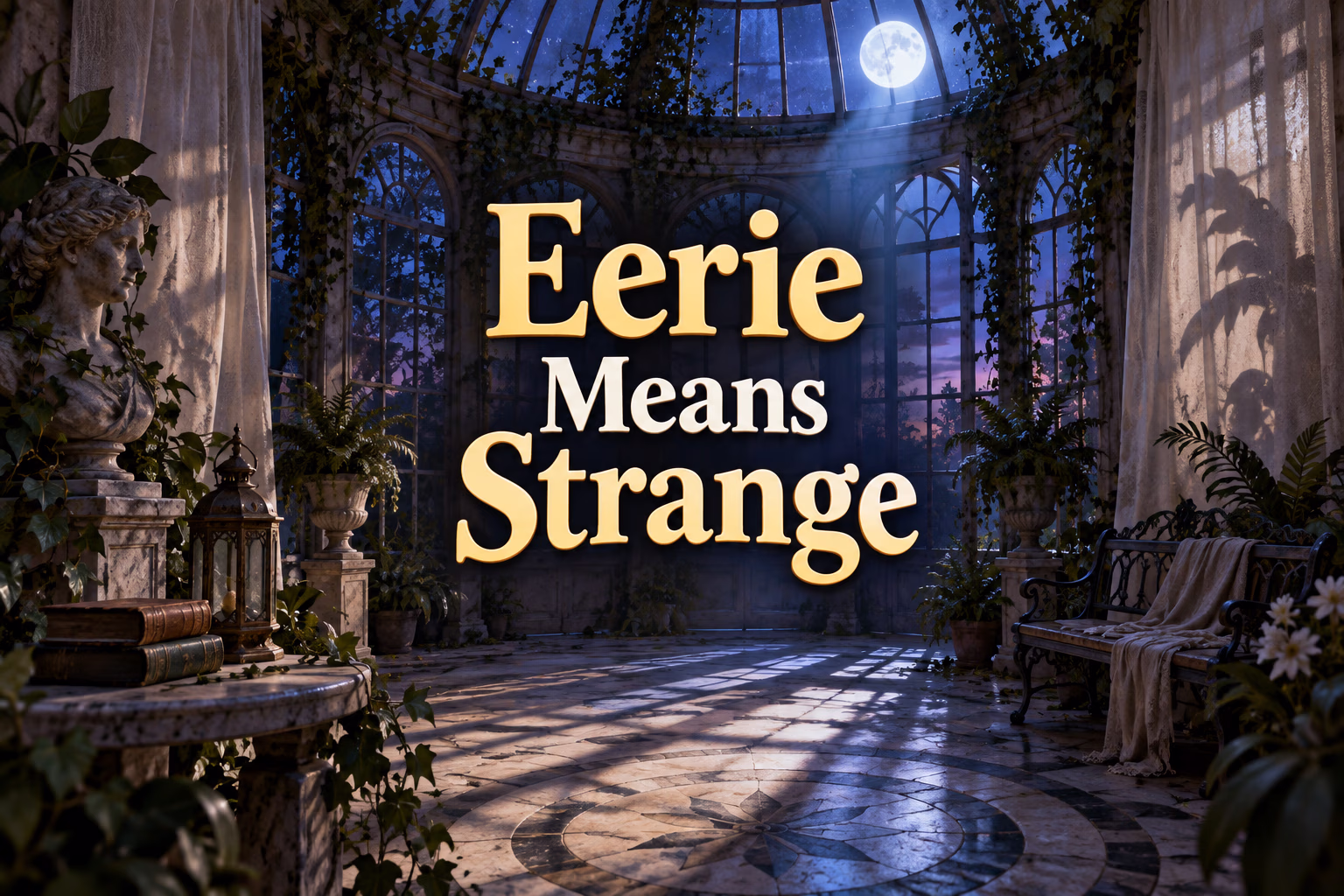 An empty conservatory with unusual shadows and moonlight creates an eerie, mysterious atmosphere without showing a threat.