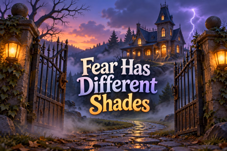 A storybook haunted house at twilight illustrates how setting, mist, and a flash of lightning can create different shades of fear.