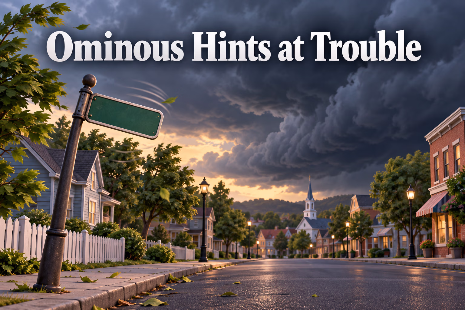 Dark storm clouds gather over a quiet town, suggesting an ominous change without showing a disaster.