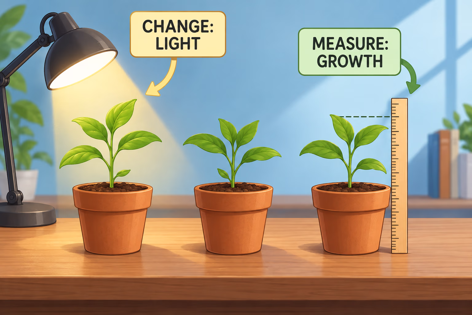 Three similar potted plants show light exposure changing and growth being measured.