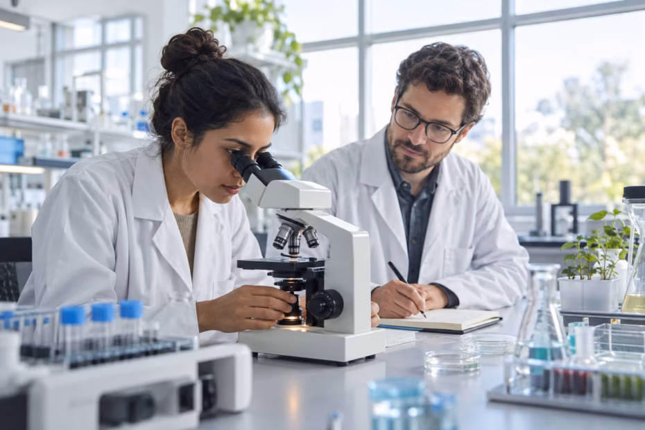 Two scientists collaborating at a laboratory bench as one examines a sample and the other records observations