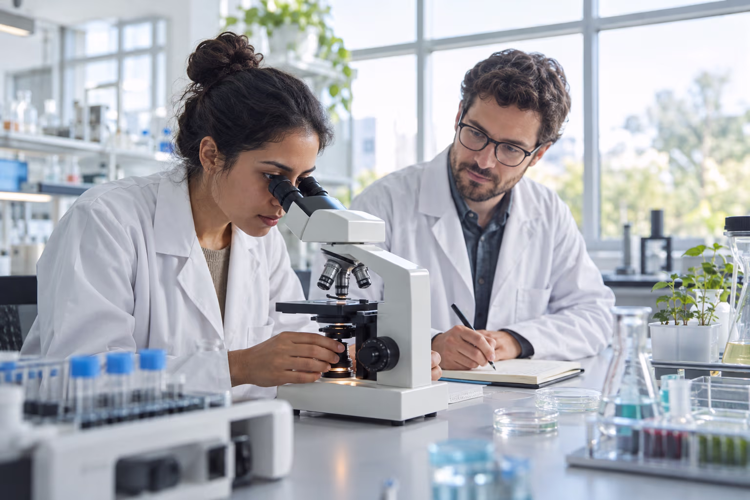 Two scientists collaborating at a laboratory bench as one examines a sample and the other records observations