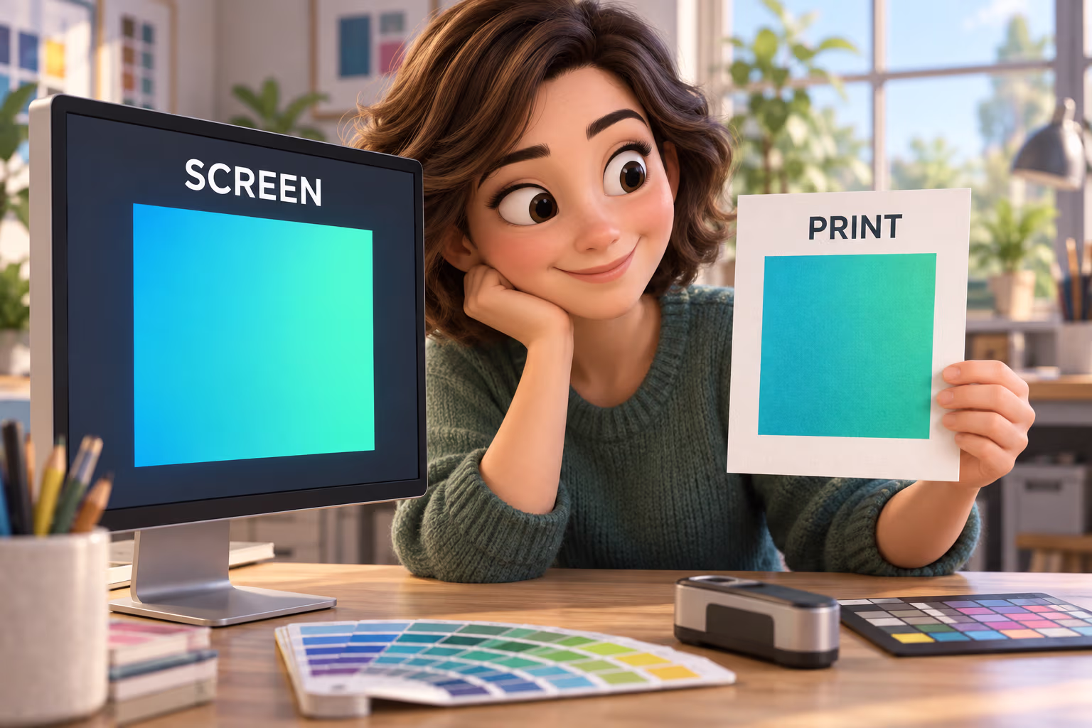 Animated designer comparing a bright screen swatch with its printed-paper sample