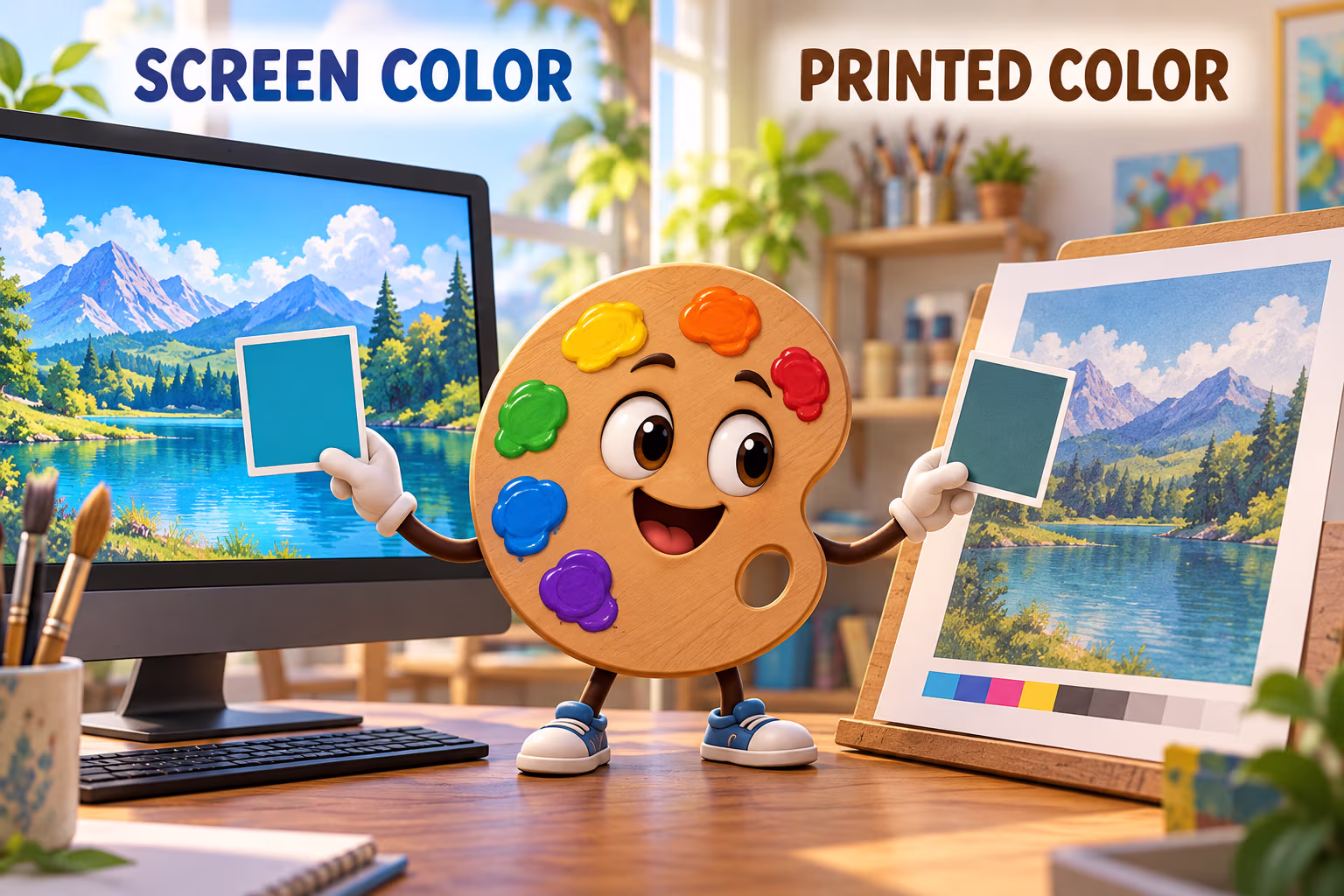 Animated palette character compares a color on a screen with a printed proof to show why appearance can vary