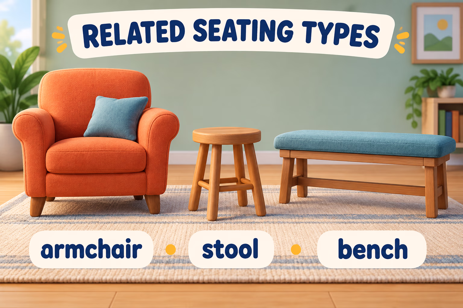 An armchair, a stool, and a bench illustrate related types of seating.