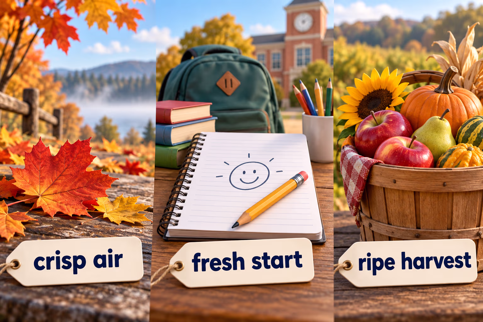 Three September scenes illustrate the phrases “crisp air,” “fresh start,” and “ripe harvest.”
