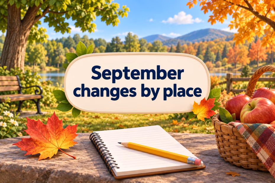 A September park shifts from green to gold beside apples, a notebook, and a banner reading “September changes by place.”