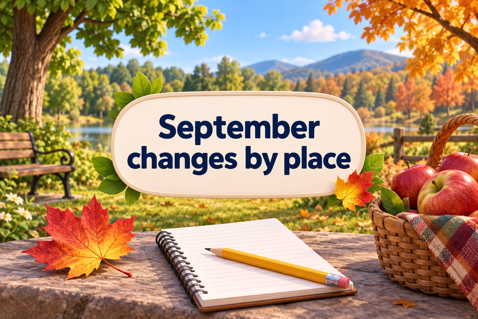 A September park shifts from green to gold beside apples, a notebook, and a banner reading “September changes by place.”