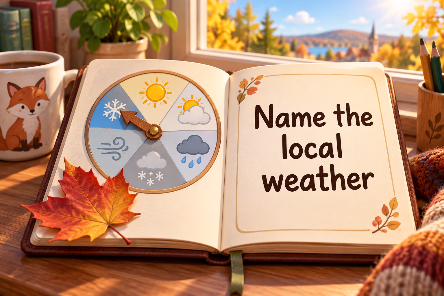An open journal beside a weather dial and autumn leaf carries the words “Name the local weather.”
