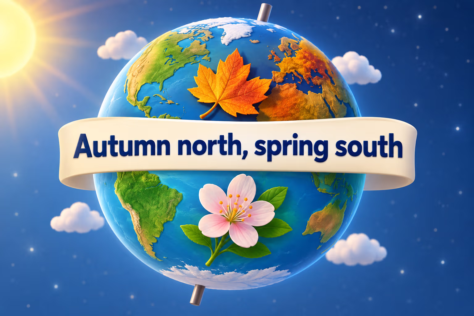 A globe pairs an autumn leaf in the Northern Hemisphere with a spring flower in the Southern Hemisphere; the banner reads “Autumn north, spring south.”