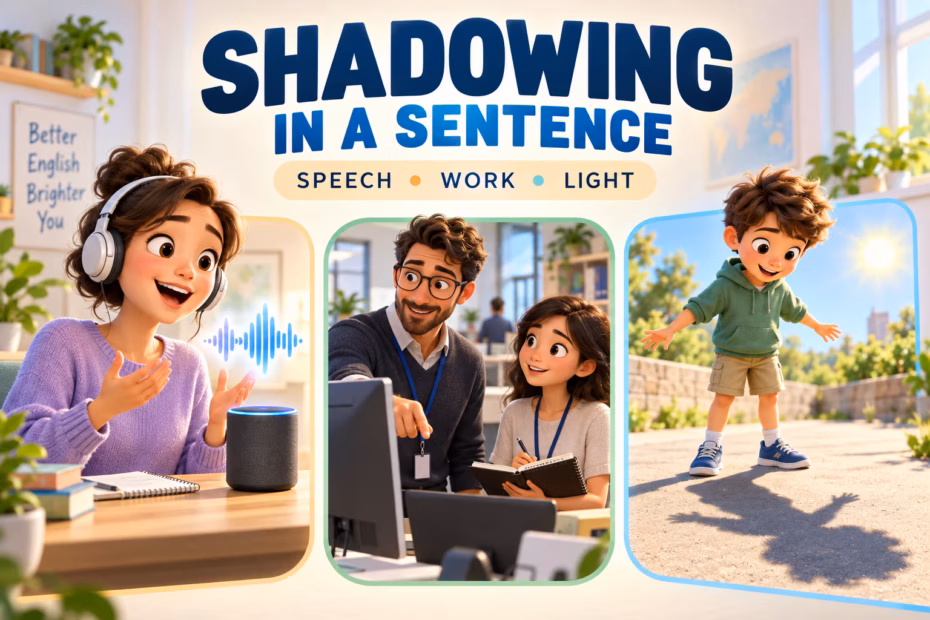 Three-panel cartoon shows speech practice, job observation, and a child’s sunlit shadow beneath the title Shadowing in a Sentence.