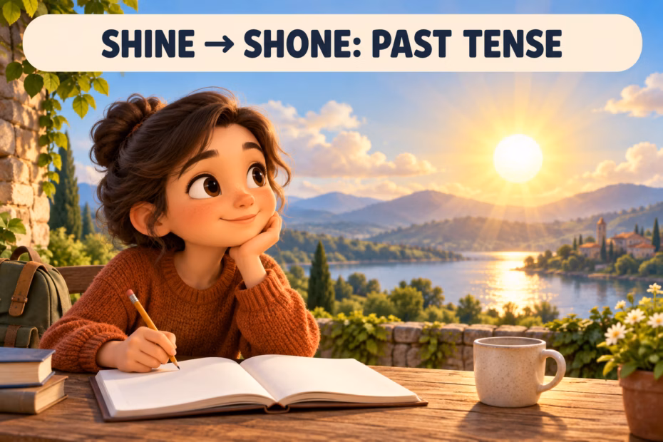 A student writes as the sun shines over a lake; the label reads “Shine to shone: past tense.”