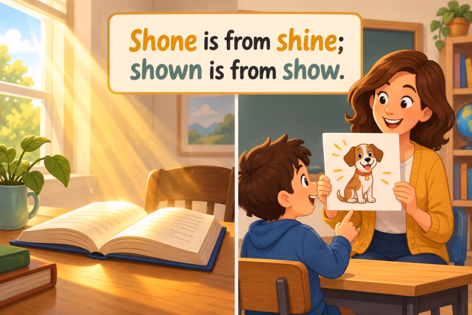 Sunlight falls across a book beside a teacher showing a picture to a student. Text: “Shone is from shine; shown is from show.”