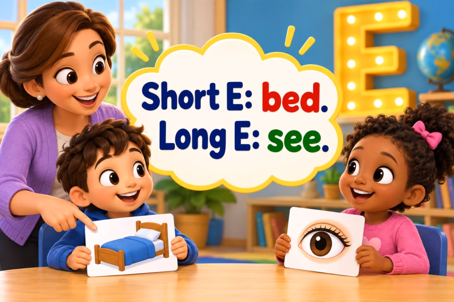 A 3D cartoon teacher and children compare the vowels in bed and see. Image text: Short E: bed. Long E: see.