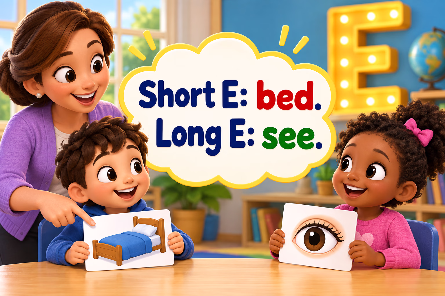 A 3D cartoon teacher and children compare the vowels in bed and see. Image text: Short E: bed. Long E: see.